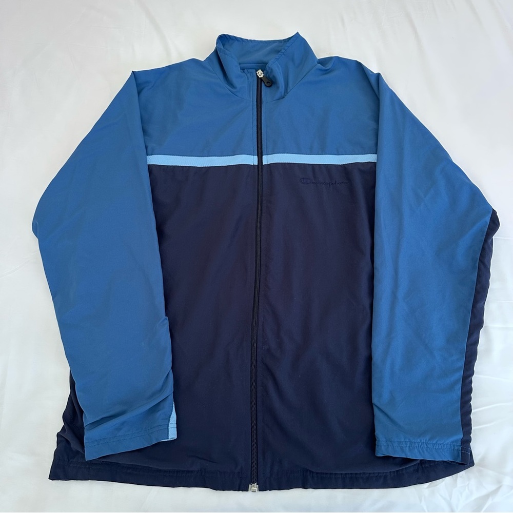 Champion Full Zip Up Windbreaker Light Rain Blue Color Block Retro Men's Large